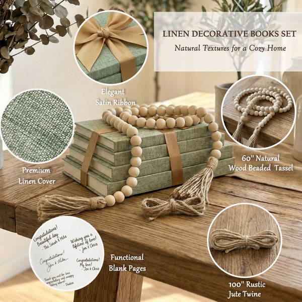Decorative Books for Home Decor-Set of 4 Real Linen Decorative Books, Stacked Books with Wood Bead Garland, Jute Twine & Satin Ribbon, Neutral Modern Farmhouse & Boho Shelf Decor (Sage)3