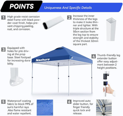 10' X 10' Pop up Canopy Tent with Sand Weight Bag, Freestanding Sun Shelter for Picnic and Camping, One Person Setup and Height Adjustable (Blue)5
