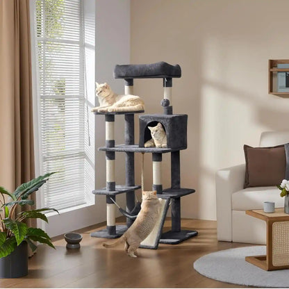 Yaheetech 54In Cat Tree Tower for Large Cats, Multi-Level Condo & Hammock | Sisal Scratching Posts, Roomy Condo Holds up to 22 Lb, a Wide 21-Inch Top Perch Fit Large Cats, Dark Gray2