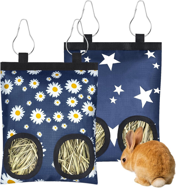2 Pack Rabbits Hay Feeder Bag, 2 Holes Hanging Bunny Hay Feeder Guinea Pig Feeding Bag Storage Dispenser for Bunny Rabbits Chinchillas Hamsters Small Pets and Animals1