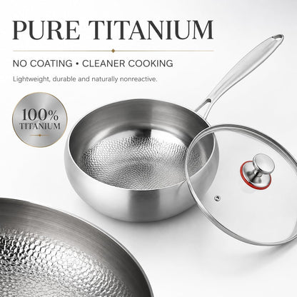 Titanium Hammered Pan with Lid, Thickened Multi-Layer Stock Pot, Titanium Wok Pan, Scratch-Resistant Non Stick Titanium Frying Pans, Even Heating for Cooking,9.44In/Lid2