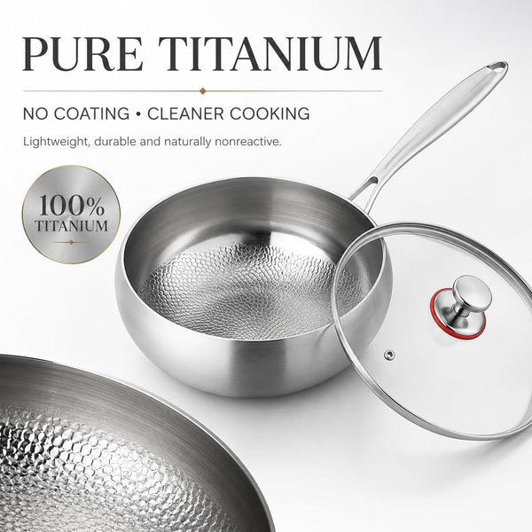 Titanium Hammered Pan with Lid, Thickened Multi-Layer Stock Pot, Titanium Wok Pan, Scratch-Resistant Non Stick Titanium Frying Pans, Even Heating for Cooking,9.44In/Lid2
