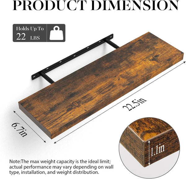 Rustic Brown Floating Shelves 22.5In, Set of 2, Wall Mount Wood Shelf | Easy Install, 22Lbs Max Load, Hidden Bracket, for Bathroom Bedroom Living Room or Kitchen, Hanging Shelf Book Decor Storage3