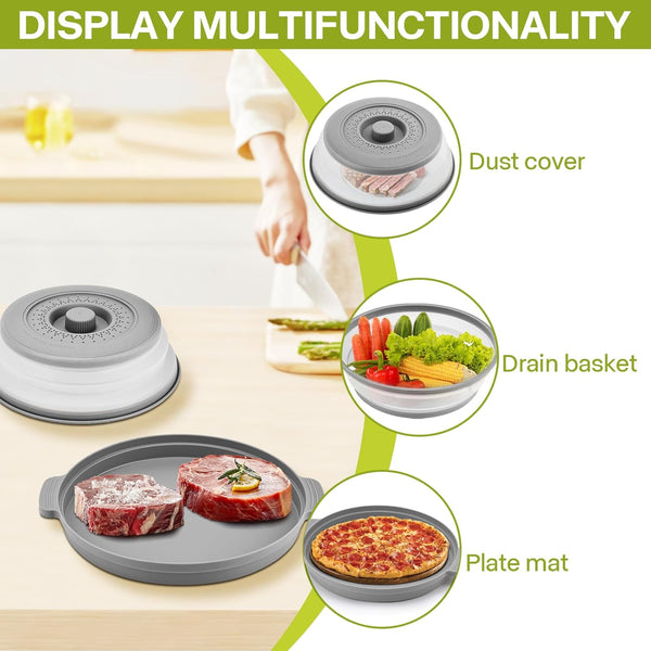 Microwave Splatter Cover for Food with Anti-Scald Base Plate and Handles, Large Bpa-Free Silicone Vented Collapsible Guard Lid, Kitchen Essential Gadget for Meal Prep, 10.7 Inch(Gray)4