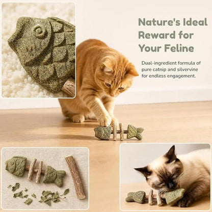 2PCS Catnip and Silvervine Chew, Fish Bone Cat Dental Chew Toy – Natural Wooden Teeth Cleaning Stick for Teething, Boredom Relief & Daily Enrichment2