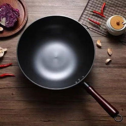 Cast Iron Wok 12.6 Inch Flat Bottom, Pre-Seasoned Chinese Fry Pan with Wooden Handle, Non Stick Coating Free for Gas Induction Electric Stovetops7