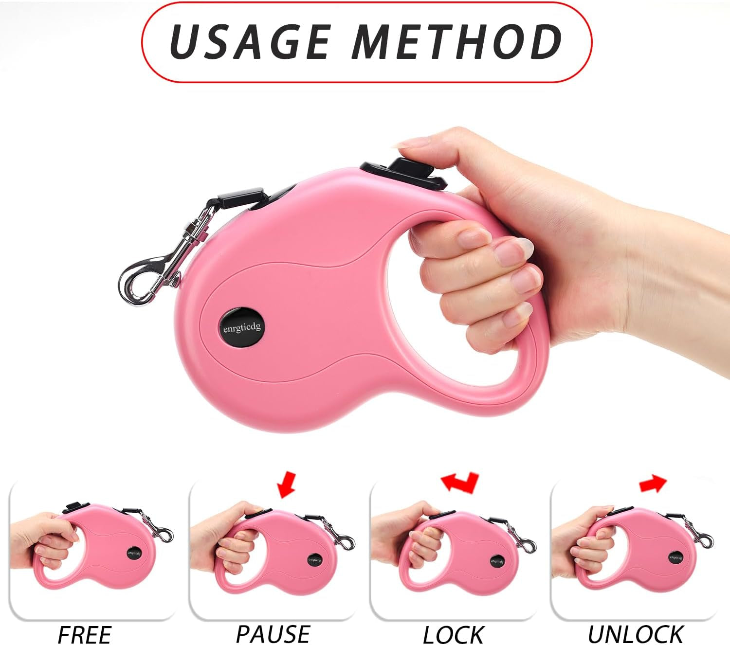 enrgticdg-16ft-retractable-dog-leash-light-weight-leash-for-small-to-medium-dogs-cats-up-to-50lbs-stainless-steel-spring-strong-nylon-tape-tangle-free-one-handed-brake-pink-black