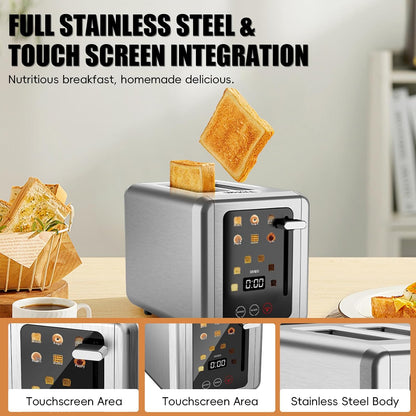 2 Slice Toaster, Smart Full Touch Screen, Extra Wide Slots, Silver | Stainless Steel, 6 Shade Settings, Reheat/Defrost/Mute/Standby/Cancel, Bread Bagel Gluten-Free Waffle Pastry, Digital Timer6