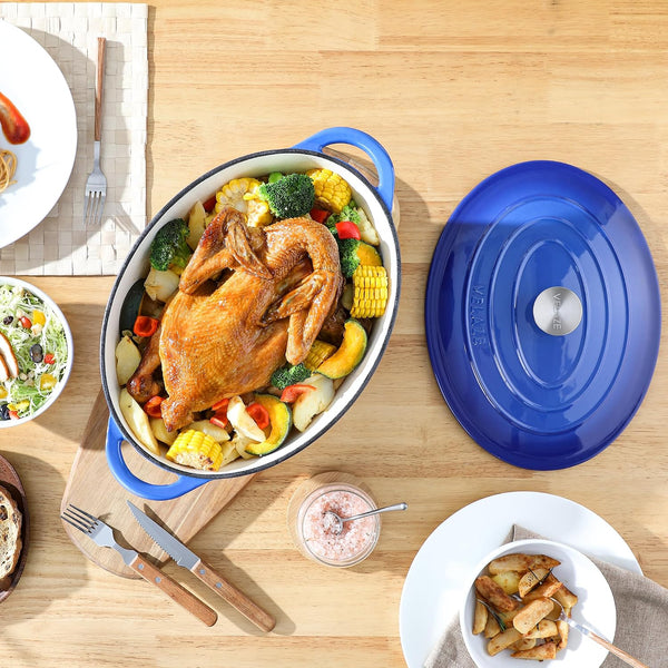 7.5 QT Oval Enameled Cast Iron Dutch Oven Pot with Lid,Blue | Whole Chicken Friendly,For Cooking,Frying, Stewing,Bread Baking,And Roasting,Oven Safe,Dual Handles,Non-Stick Coating7