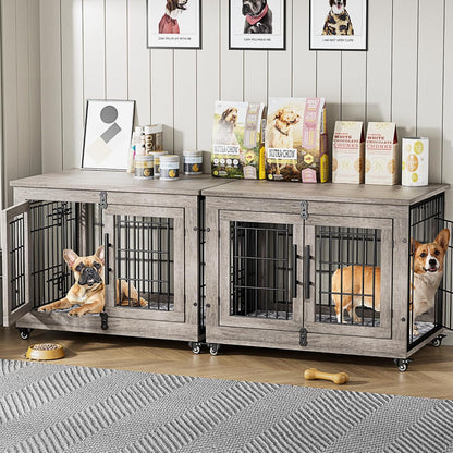 Medium Dog Crate Furniture, 32'' Heavy Duty Kennel W/Cushion & Wheels | Grey, Double Doors, Wooden Dog Cage, Chew-Resistant, End Table, Decorative, 27"/32"/38"/44" Options, Indoor11
