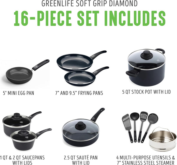 16 Piece Ceramic Nonstick Pots & Pans Cookware Set, Black | Pfas-Free Nonstick Coating, Stockpot, Frying Pans, Saucepans, Sauté Pan, Stay-Cool Handles, Dishwasher & Oven Safe up to 350F3