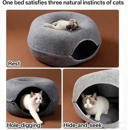 Cat Donut Tunnel Bed for Indoor Cats - Peekaboo Cat Cave, Detachable Felt, Washable, Interactive Play & Cozy Rest Space for Multiple Cats (Dark Gray)2