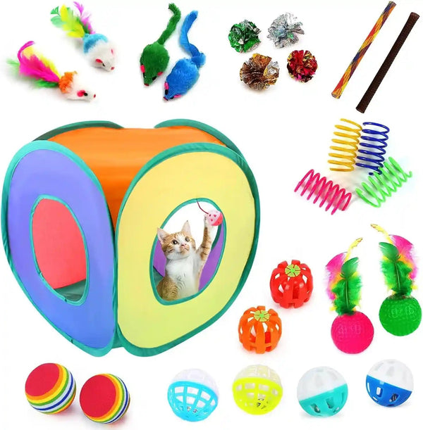 Icagy 25 Pcs Cat Toys for Cats, Indoor Kittens - Interactive Variety Pack, 45 Inches Rainbow Cat Tunnel, Feather Teaser, Feather Golf, Mice, Springs, Balls, Noise Toys - Rainbow/Colorful 45"10