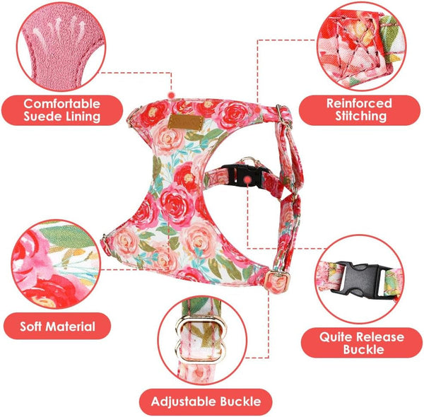 Lukovee No Pull Puppy Harness and Leash Set - Adjustable Lightweight Soft Suede Pet Harness Vest, with Snap Buckle & 51In Leash for Small Medium Dogs (Pink Rose, XXS)4