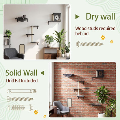 Cat Wall Shelves, Cat Wall Mounted Furniture, Climbing Wall Systems with Perches, Scratchers and Condo, Kitten Indoor Jungle Gym Set of 5 (Grey)6