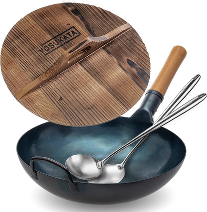 13.5” Blue Carbon Steel Wok Pan + 17’’ Spatula and Ladle + Premium Wok Cover 13.5 Inch Pan Lid1