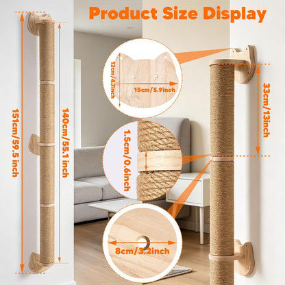 55" Cat Wall Scratcher, Wooden Wall-Mounted Natural Jute Scratching Post | Vertical Scratching Post for Large Cats, Climbing Shelves, Space Saving Cat Tower Alternative for Indoor Cats & Kittens2