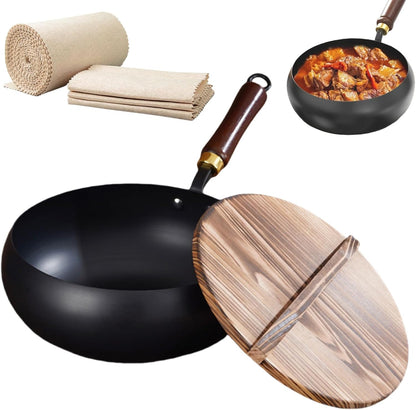 Iron Pot, 7.87-11.81 Inch Uncoated Iron Pan with Lid, No Chemical Coated Flat Bottom Japanese Pans, Woks & Stir-Fry Pans Set for Induction, Electric, Gas (Wooden Lid, 7.87In)1