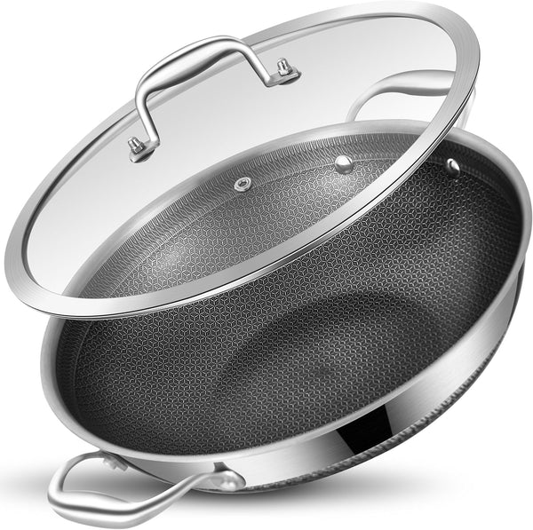 Hybird Nonstick Wok Pan with Lid | 13-Inch | Rivented Handle | Non Toxic | Tri-Ply Stainless Steel | Ceramic Coating | Stir Fry Pan | Induction Compatible | Dishwasher & Oven Safe1