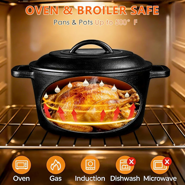 6 Piece Pre-Seasoned Cast Iron Cookware Set – Incl. 5QT Dutch Oven with Lid, 8'' and 10.25'' Cast Iron Skillets, 10.5'' round Griddle, and a Square Grill Pan for Kitchen, Stovetop, & Camping5