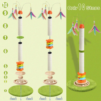 YARUOMY Tall Cat Scratching Post，40'' Cat Scratcher Tree Cat Toys for Indoor Cats with Cat Toys 4-Tier Roller Track，Automatically Rotating Cat Teaser Wand，Hanging Balls for Kittens Adults Cats6
