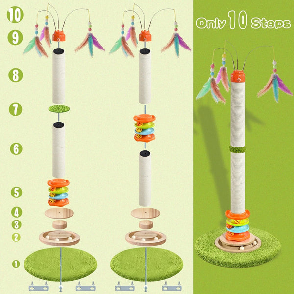YARUOMY Tall Cat Scratching Post，40'' Cat Scratcher Tree Cat Toys for Indoor Cats with Cat Toys 4-Tier Roller Track，Automatically Rotating Cat Teaser Wand，Hanging Balls for Kittens Adults Cats6
