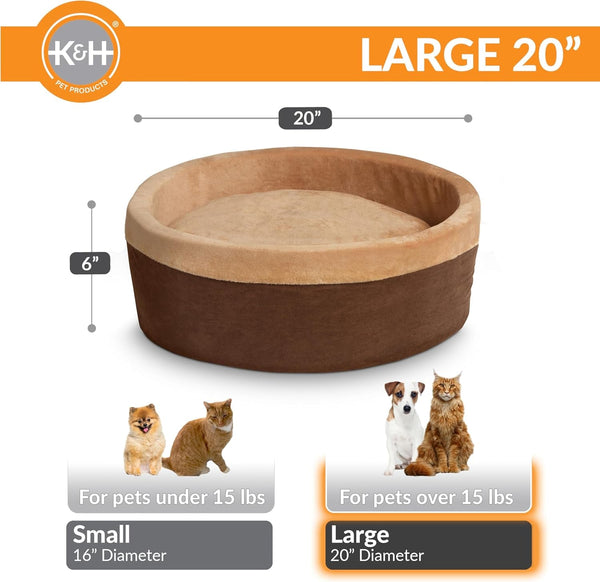 K&H Pet Products Thermo-Kitty Bed Heated Cat Beds for Large Indoor Cats & Dogs, Calming Warming Pillow Pet Bed, Machine Washable, Removable Heater, Safety Listed - Large 20" round Mocha/Tan2