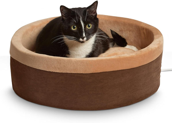 K&H Pet Products Thermo-Kitty Bed Heated Cat Beds for Large Indoor Cats & Dogs, Calming Warming Pillow Pet Bed, Machine Washable, Removable Heater, Safety Listed - Large 20" round Mocha/Tan1