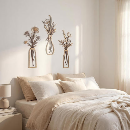 3Pcs Brown Metal Flower Vase Wall Art Botanical Iron Farmhouse Decor | 3-Piece Brown Metal Flower Vase Wall Art, Rustic Botanical Iron Sculpture, Easy to Hang for Farmhouse Living Room Decor5