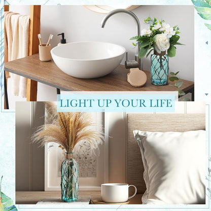 Set of 2 Coastal Glass Flower Vase with Boho Rope, Light Blue | Coastal Vase, Small Sea Glass Jar, Nautical Beach Bottle for Wedding Table Centerpieces Floral Arrangement Decor7