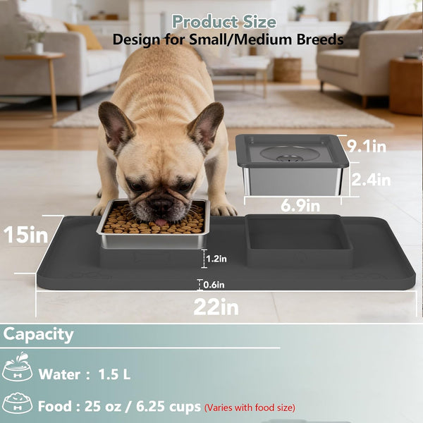 No Spill 1.5L Large Stainless Steel Dog Water and Food Bowl Set | 2-In-1 304 Material Bowl Set, No-Spill Water/Food, Floating Disk Slows Drinking, Anti-Slip Mat, Easy to Clean, Home/Travel2