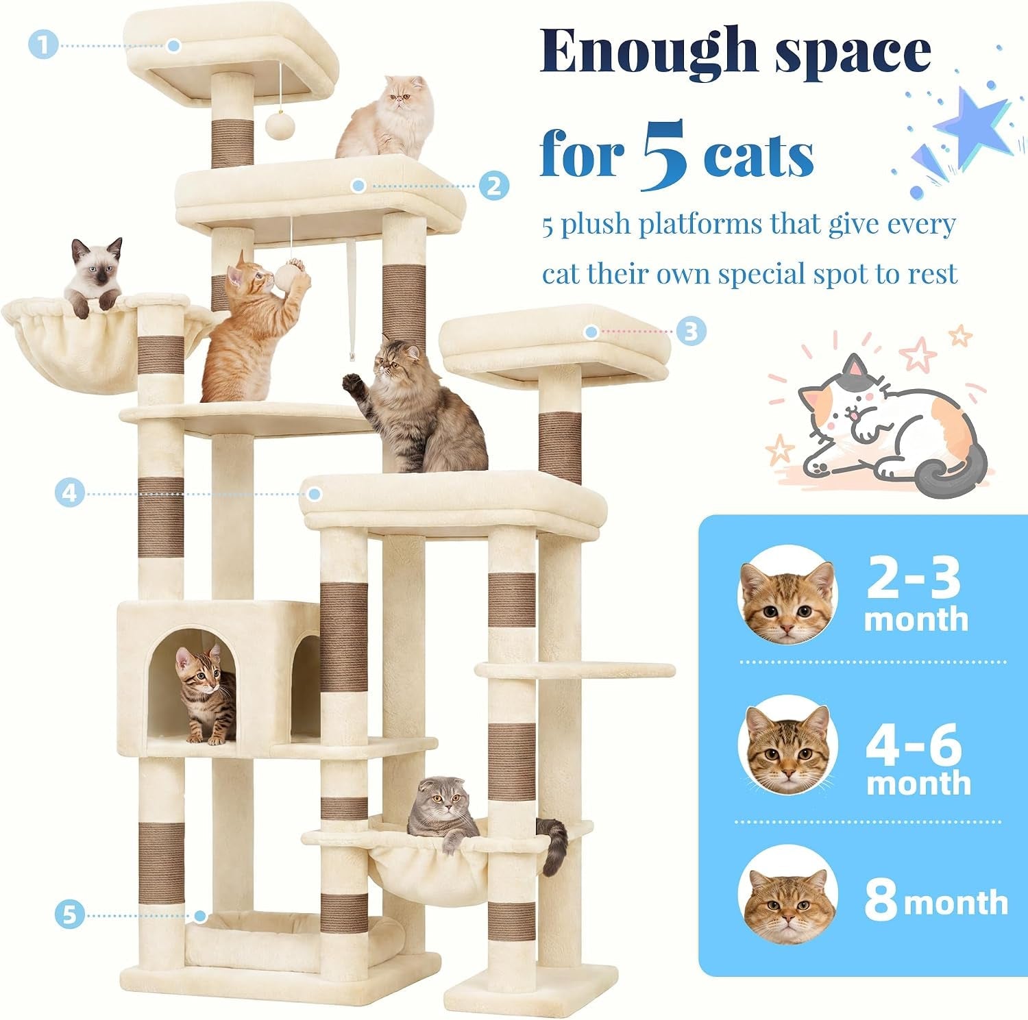 hey-brother-cat-tree-tower-wide-base-5-platforms-for-multi-cats-mpj074mj-72-8-inches-tall-furniture-5-plush-beds-large-condo-big-hammocks-sisal-scratching-posts-for-indoor-adult-cat-beige-brown