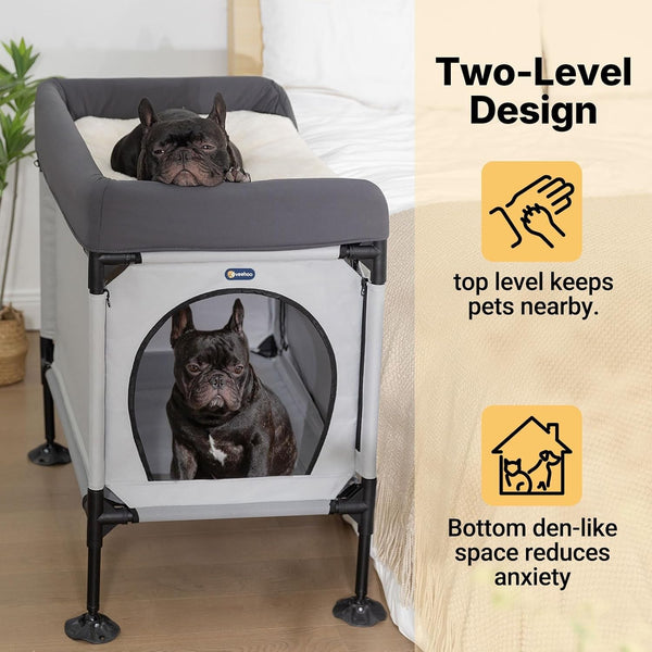 Veehoo Dog Bunk Bed, Dog Beds Attachment to Human Bed, Bedside Dogs Cot | Pet Window Perch for Small, Medium Cats & Dogs, Dog House Bed with Non-Slip Feet, Plush Cushion Topper, Grey2