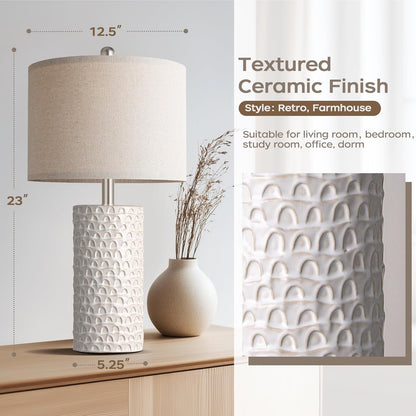 23" Modern Ceramic Table Lamp Set of 2, Table Lamps for Living Room, Rustic Farmhouse Bedside Lamps Nightstand Lamp for Bedroom, White Desk Lamp for End Table Home Decor Beige3