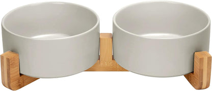 SPUNKYJUNKY Ceramic Dog and Cat Bowl with Wood Stand Non-Slip Matte Glaze Weighted Food Water Set for Cats &Small Dogs 13.5OZ23