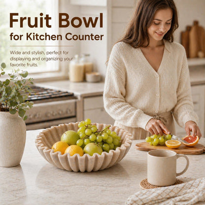 Large Decorative Bowl, Modern Handicraft Bowls for Home Decor, Fruit Bowl for Kitchen Counter, Ruffle Decor, Stylish Key Bowl for Entry Table, Artificial Stone Beige3
