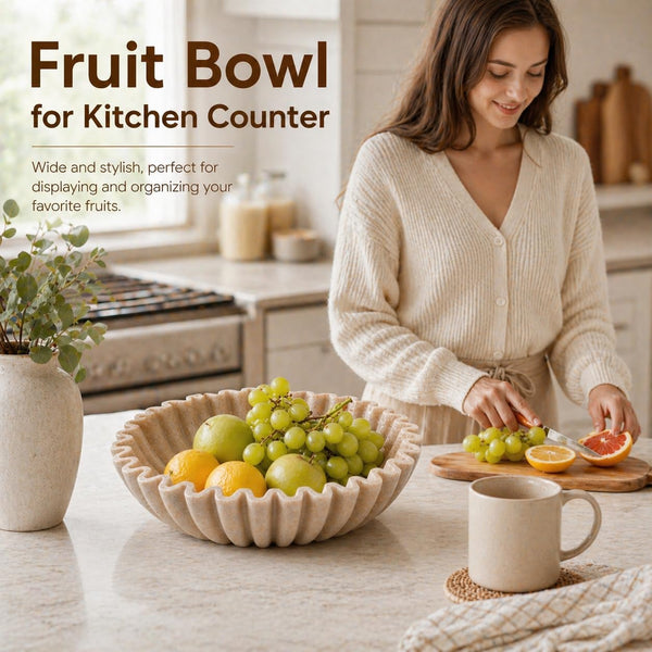 Large Decorative Bowl, Modern Handicraft Bowls for Home Decor, Fruit Bowl for Kitchen Counter, Ruffle Decor, Stylish Key Bowl for Entry Table, Artificial Stone Beige3