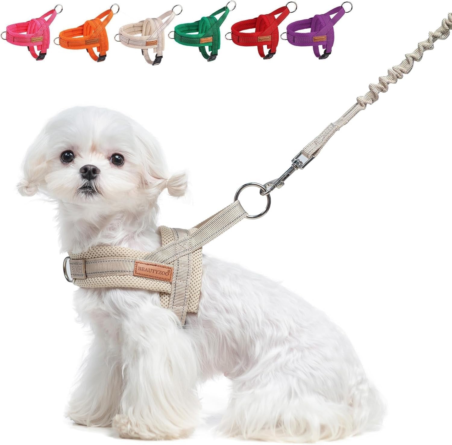 beautyzoo-dog-harness-no-pull-quick-fit-dog-harness-and-leash-set-escape-proof-vest-harness-with-soft-handle-reflective-breathable-mesh-padding-harness-for-medium-size-dog-training-walking-beige-m