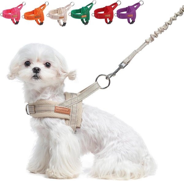 BEAUTYZOO Dog Harness No Pull, Quick Fit Dog Harness and Leash Set, Escape Proof Vest Harness with Soft Handle, Reflective Breathable Mesh Padding Harness for Medium Size Dog Training Walking, Beige M11