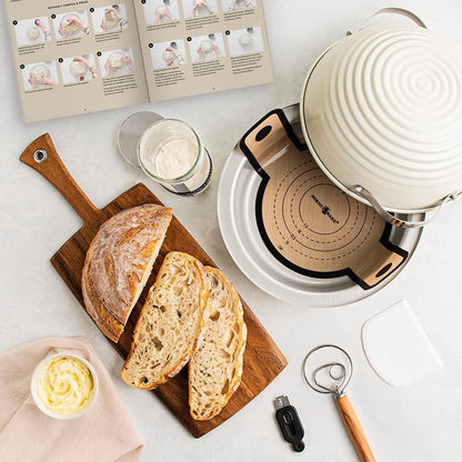 Simply Sourdough™ Complete Bread Baking Kit BAKING PAN INCLUDED, Dual Use Banneton Lid, 22Pg Guide Book W/Recipes, Danish Whisk, Starter Jar, Cutter, Lifting Mat, Scraper, Cotton Liner3