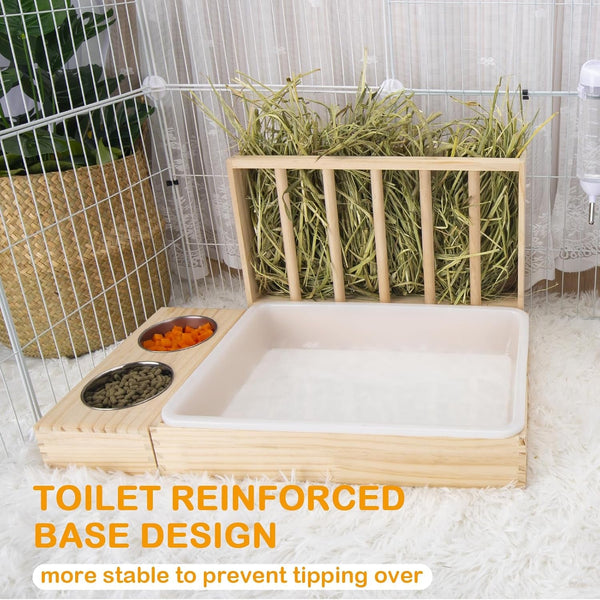 BESNEW 3 in 1 Rabbit Hay Feeder with Litter Box,Wooden Hay Feeder with 2 Bowls & Litter Box for Guinea Pig Chinchilla Bunny Other Small Animals,Large Capacity & Preventing Waste5