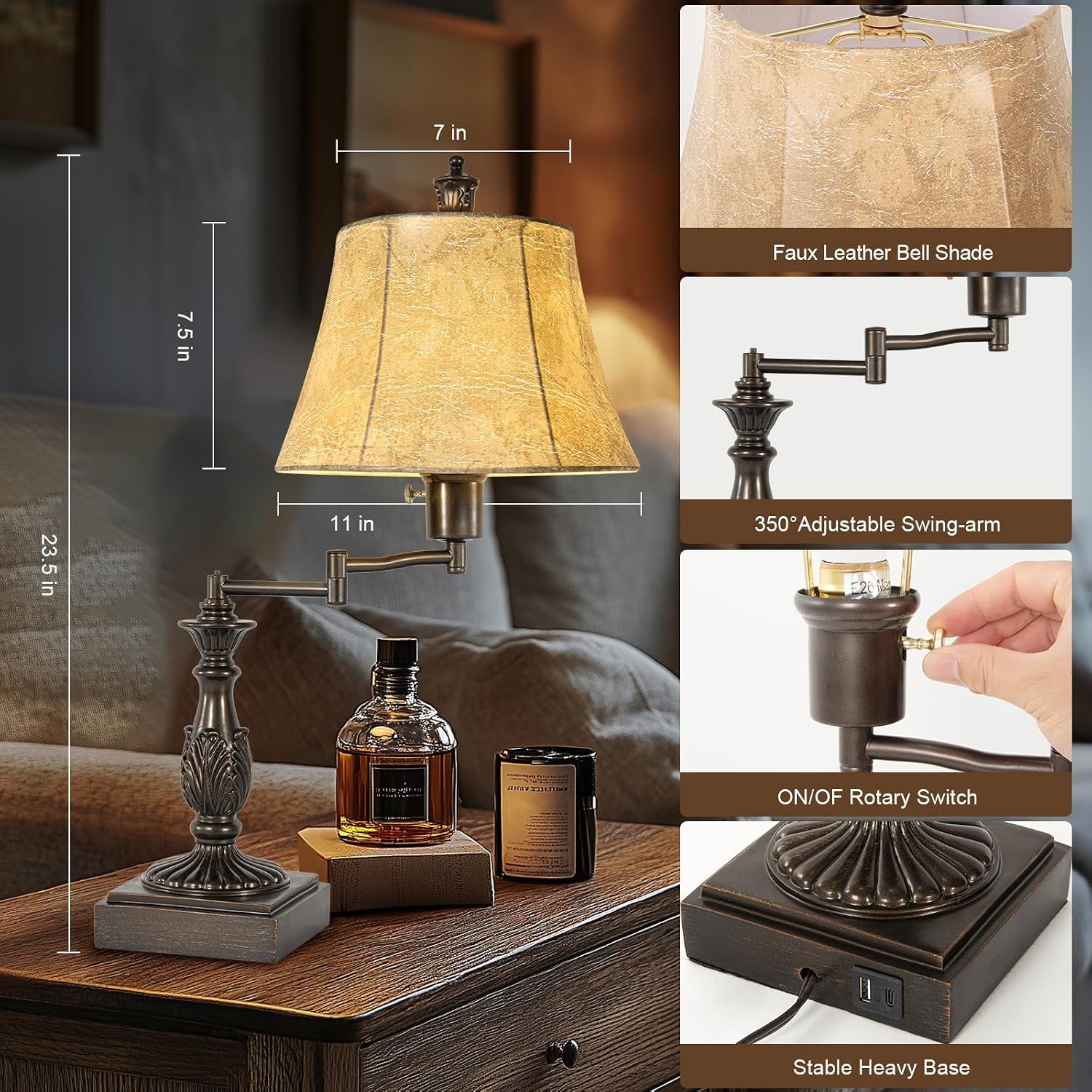 swing-arm-table-lamp-set-of-2-with-usb-ports-for-living-room-traditional-350-adjustable-arm-23-5-tall-nightstand-lamp-brown-finish-faux-leather-shade-decor-for-bedroom-office