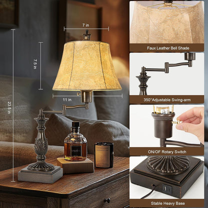 Swing Arm Table Lamp Set of 2 with USB Ports for Living Room | Traditional 350° Adjustable Arm, 23.5" Tall Nightstand Lamp, Brown Finish & Faux Leather Shade, Decor for Bedroom Office2