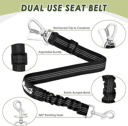 Slowton Dog Seatbelt, 2 Pack Dog Seat Belt Car Leash Adjustable Elastic Bungee Buffer Heavy Duty Nylon Reflective Pet Safety Tether Connect to Dog Harness for Travel Riding in Vehicle (Daul Clip, B)4
