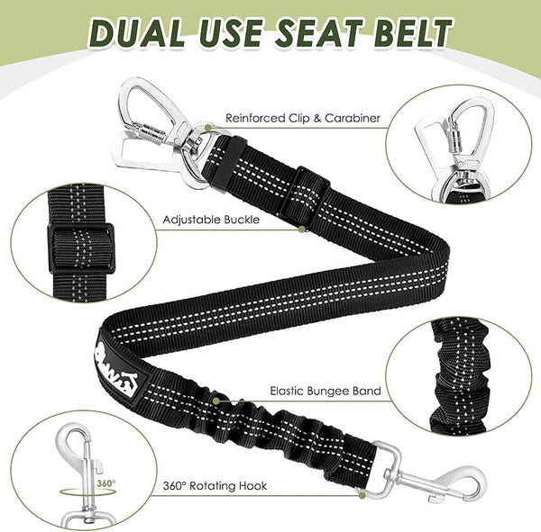 Slowton Dog Seatbelt, 2 Pack Dog Seat Belt Car Leash Adjustable Elastic Bungee Buffer Heavy Duty Nylon Reflective Pet Safety Tether Connect to Dog Harness for Travel Riding in Vehicle (Daul Clip, B)4