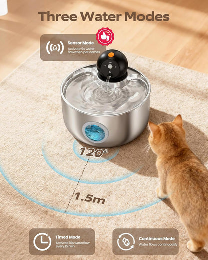 Wireless Cat Water Fountain Cordless: Battery Operated Cat Fountains | 88Oz/2.6L Stainless Steel Pet Water Fountain for Drinking with Motion Sensor Rechargeable Automatic Water Dispenser Indoor7