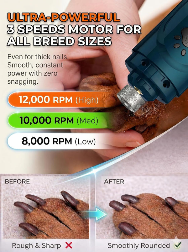 YABIFE Super Quiet Dog Nail Grinder & Clippers Kit with 2 LED Lights, 3 Speeds up to 12,000 RPM, Lower than 30Db Electric Pet Nail Trimmer for Small Medium Large Dogs and Cats4