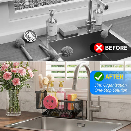Sponge Holder for Kitchen Sink, Smiley Face Sink Caddy with Removable Brush Holder,Self-Draining Sponge Caddy for Sponge,Soap,Dish Brush,Scrubber,Kitchen Essentials and Gadgets3