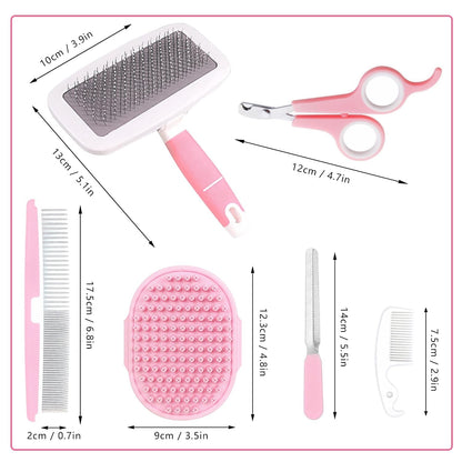Small Animal Pet Grooming Kit with Pet Shedding Slicker Brush, Bath Massage Glove, Pet Grooming Comb, Nail Clipper Trimmer for Rabbit, Puppy, Kitten, Guinea Pig, Hamster, Ferret (Pink)2
