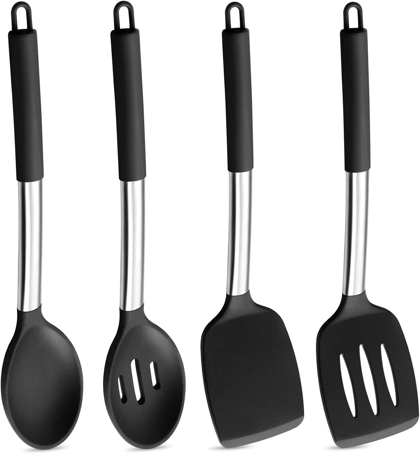 black-kitchen-cooking-utensil-set-of-4-slicone-head-steel-body-silicone-solid-spatulas-slotted-spoons-turners-for-non-stick-cookware-flipping-mixing-heat-proof